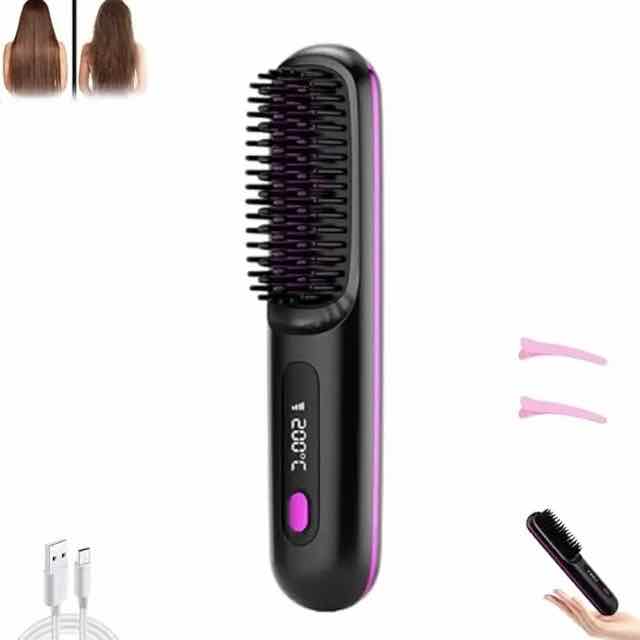 Portable electric hair straightening brush with black and purple design, shown with temperature display, charging cable, and before-and-after hair smoothing comparison.